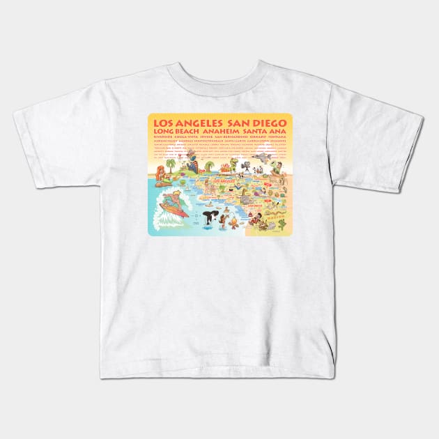 Sunny Southern California with List of Cities Kids T-Shirt by Lines